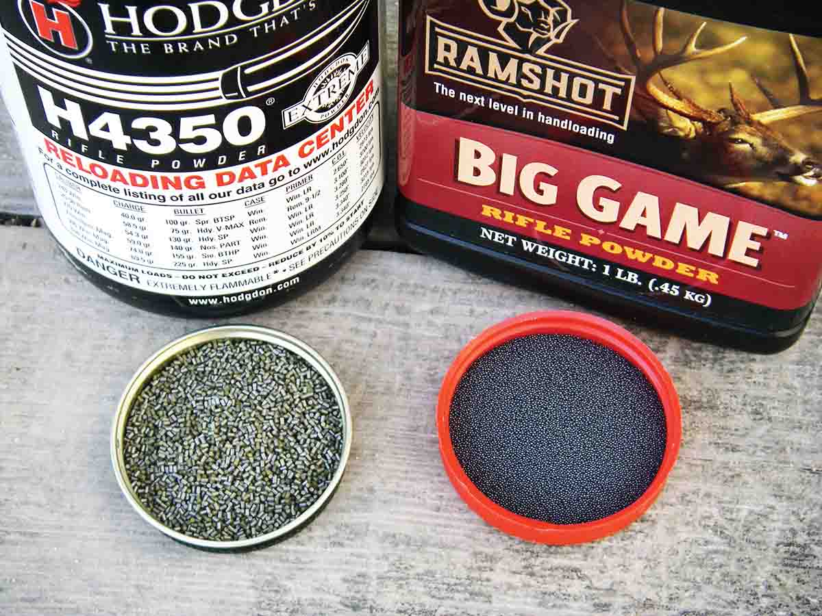 Both extruded and spherical powders, such as Hodgdon H-4350 and Ramshot Big Game, can offer excellent performance in  the .375 H&H Magnum.